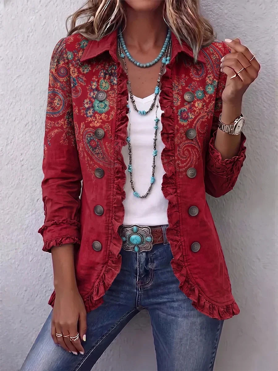 Fayrene — Paisley Ruffle Jacket in Red from Louise Dublin