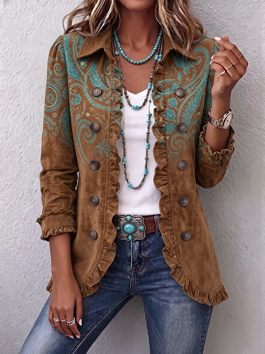 Goldenridge — Paisley Print Ruffle Jacket in Brown from Louise Dublin