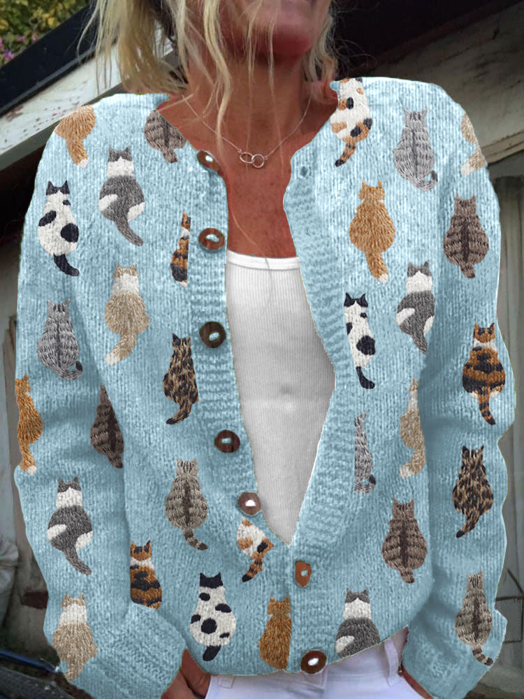 Charlotte — Cosy Cat Print Cardigan in Beige Cardigan from Louise Dublin