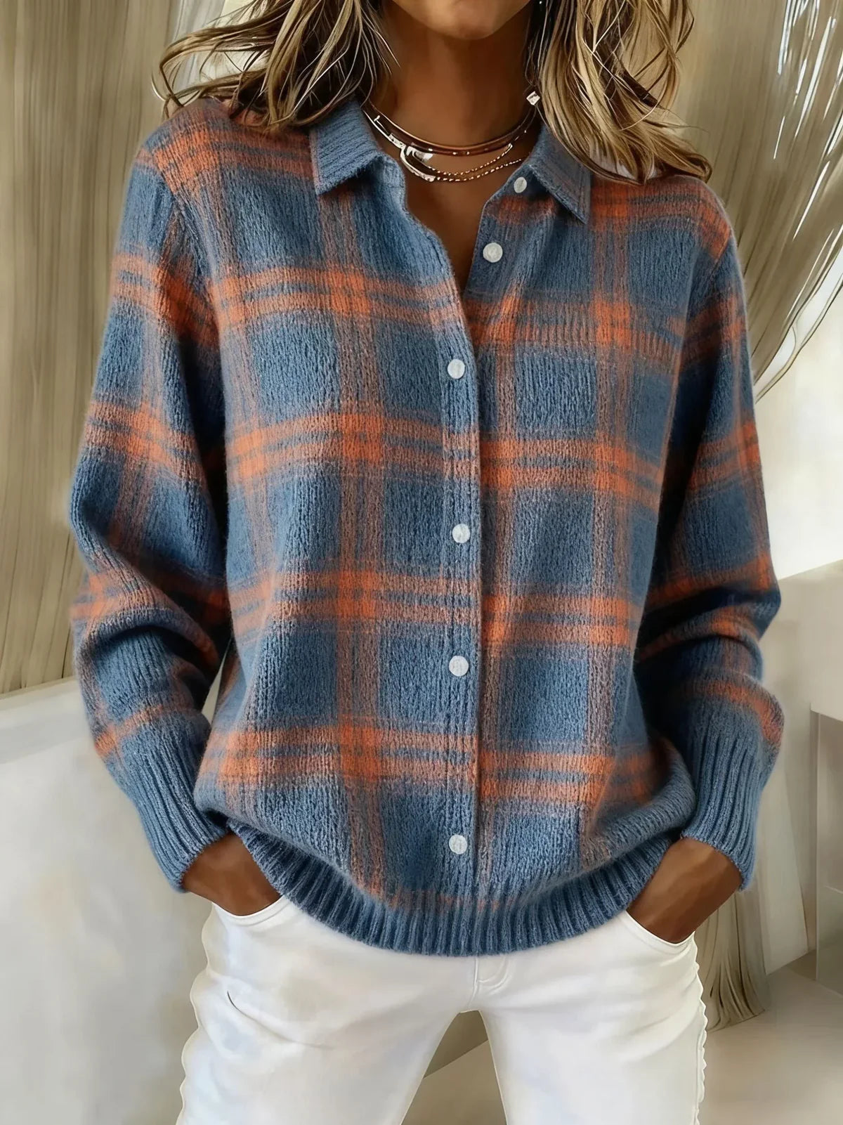 Camille — Checked Knit Cardigan in Orange from Louise Dublin