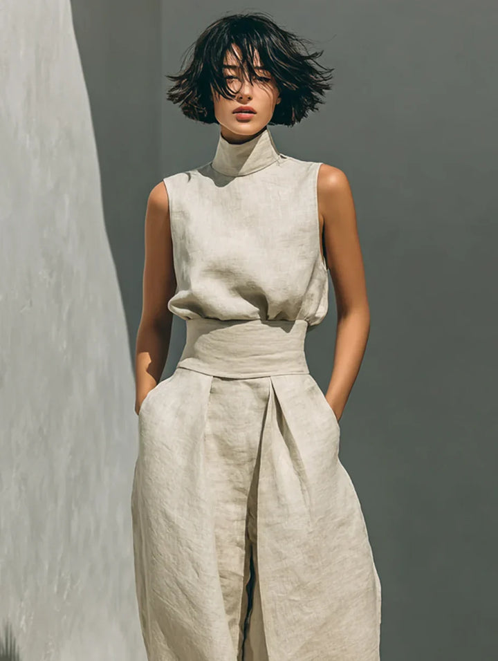 FLOR | MINIMALIST WOMEN’S TWO-PIECE SET WITH SLEEVELESS BLOUSE AND WIDE-LEG TROUSERS