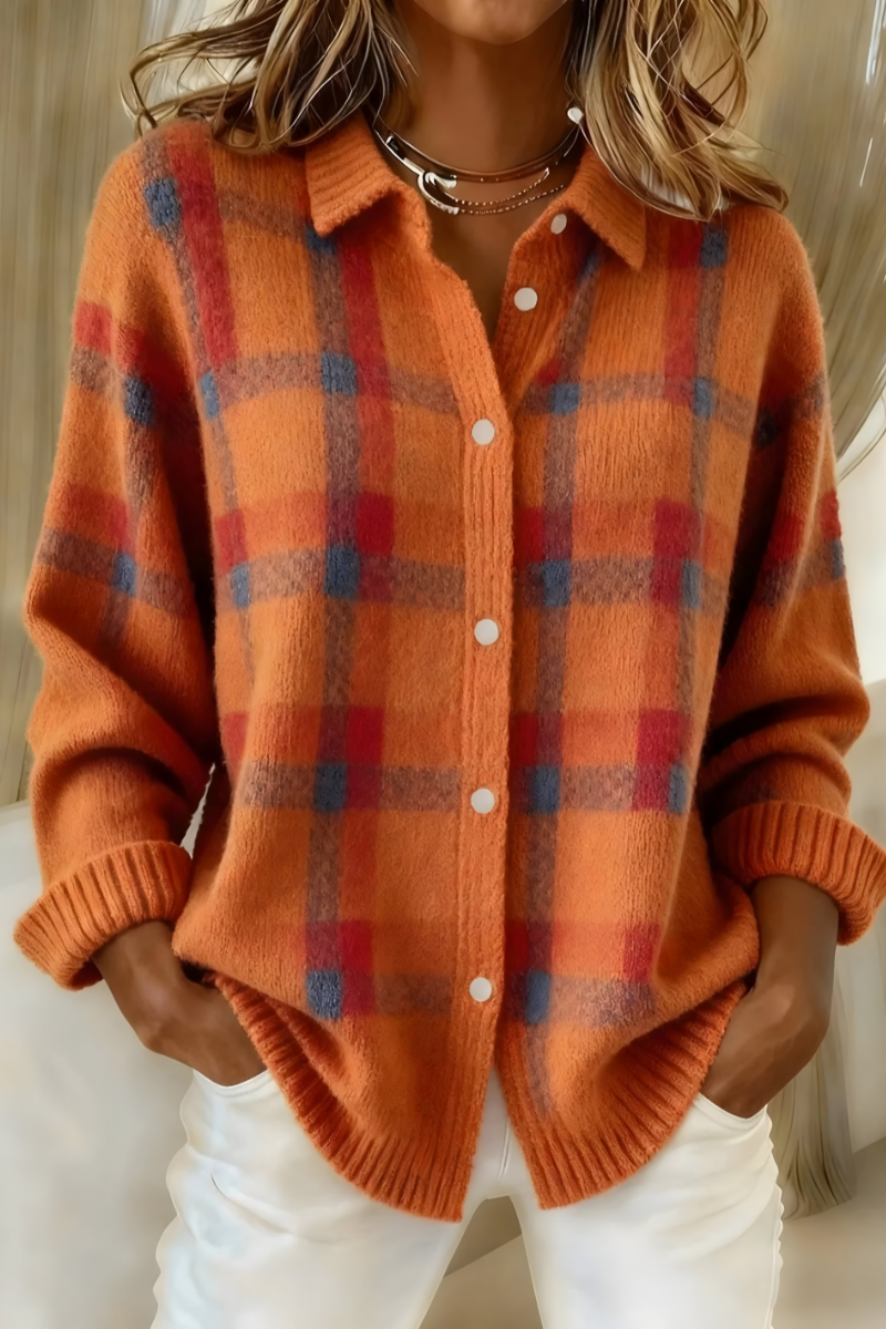Camille — Checked Knit Cardigan in Orange from Louise Dublin