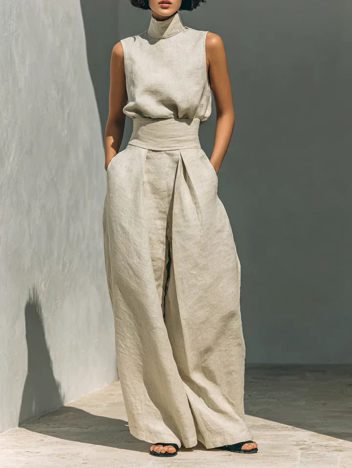 FLOR | MINIMALIST WOMEN’S TWO-PIECE SET WITH SLEEVELESS BLOUSE AND WIDE-LEG TROUSERS
