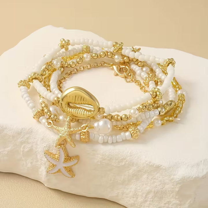 CORALIA | COASTAL GOLD & PEARL BRACELET SET OF 6
