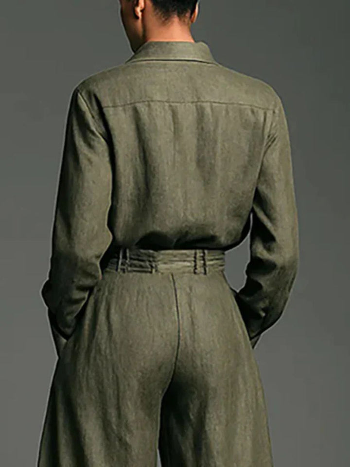 POPPY | LINEN BLEND LAPEL SHIRT AND HIGH WAIST WIDE LEG PANTS SET