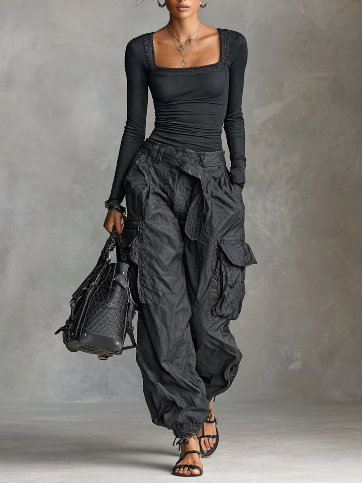 SOPHIE | SQUARE NECK LONG SLEEVE T-SHIRT CARGO PANTS TWO-PIECE SET