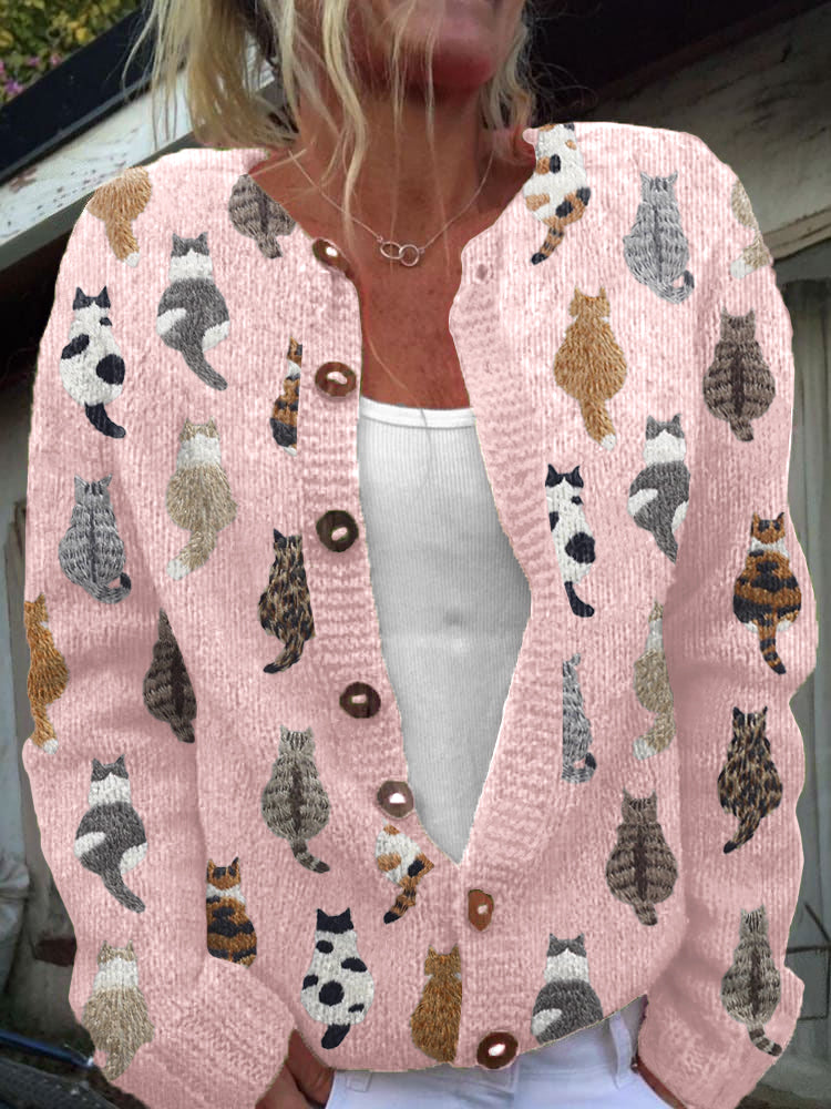 Charlotte — Cosy Cat Print Cardigan in Beige Cardigan from Louise Dublin