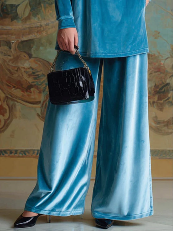 SAPPHIRE | HIGH-NECK BLUE VELVET LOOSE CASUAL SET