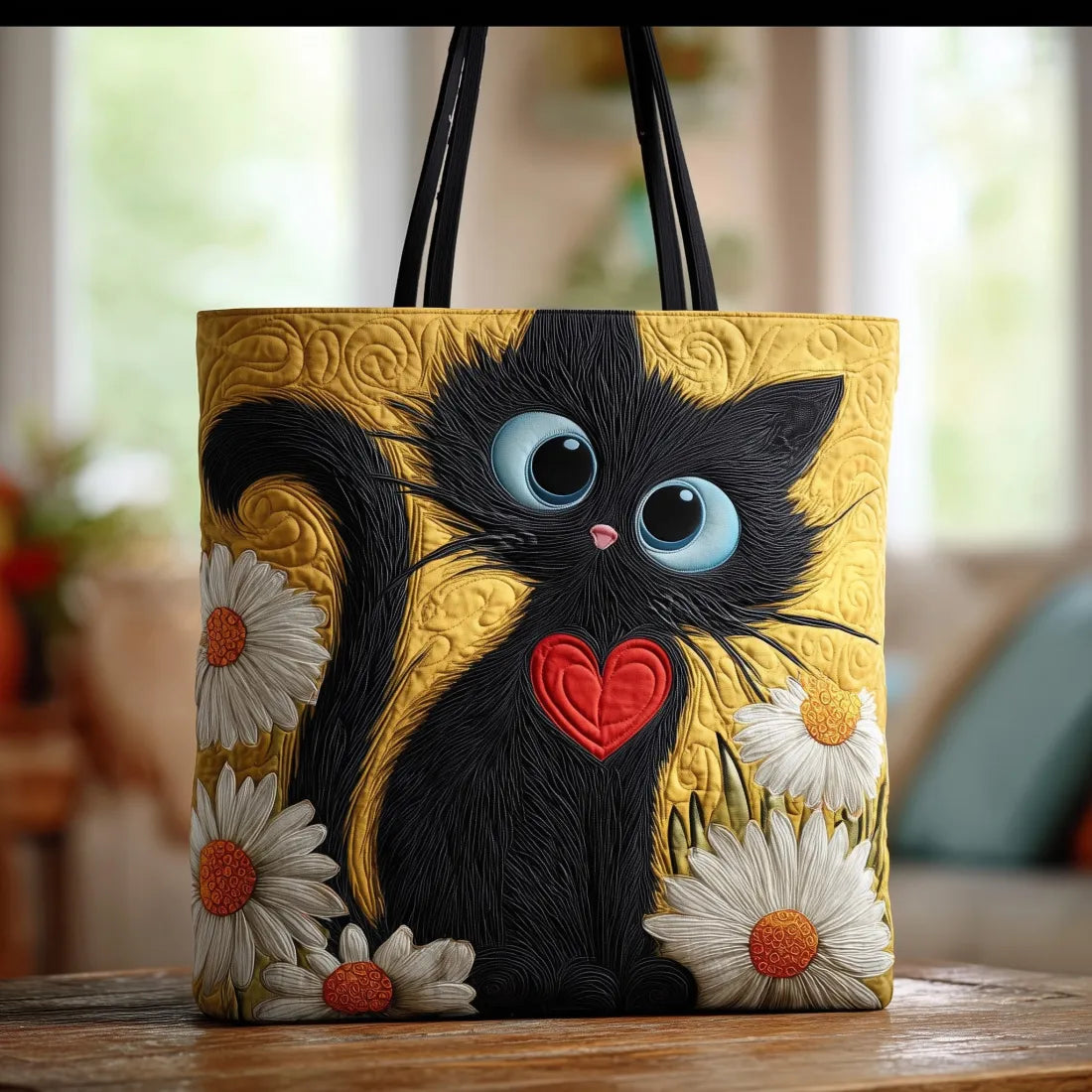 Black Cat, Heart & Daisies — Quilted Tote Bag from Louise Dublin