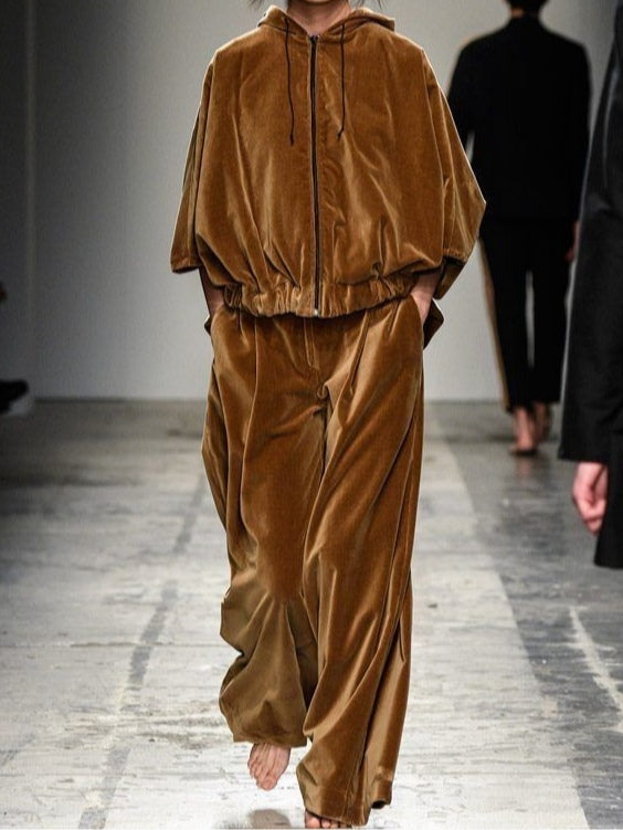 MILLIE | BROWN VELVET ZIP UP HOODED SWEATSHIRT AND TROUSERS SET