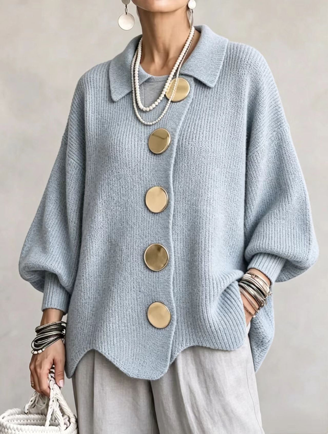 ISADORA | OVERSIZED COLLARED CARDIGAN WITH CHUNKY METAL BUTTONS