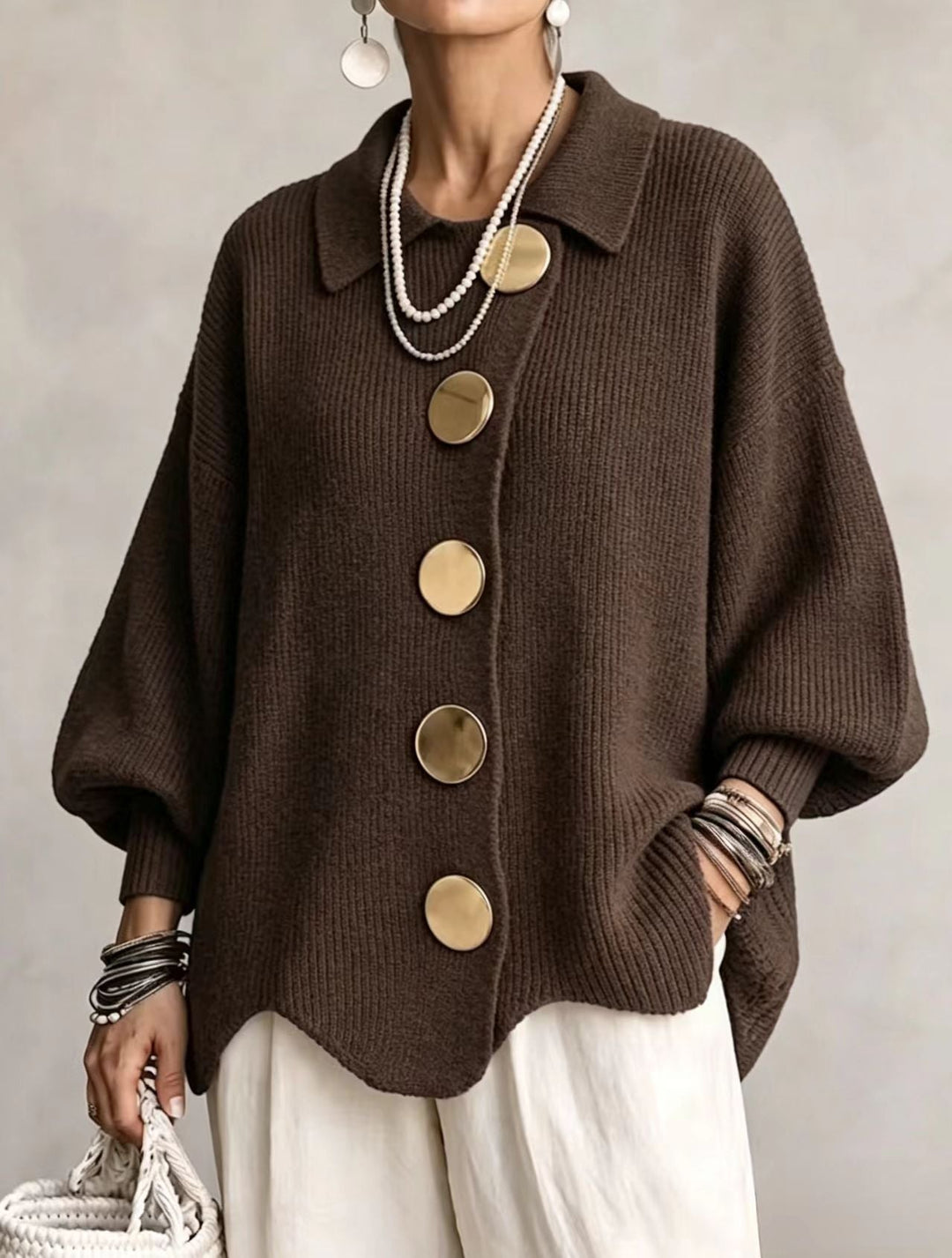 ISADORA | OVERSIZED COLLARED CARDIGAN WITH CHUNKY METAL BUTTONS