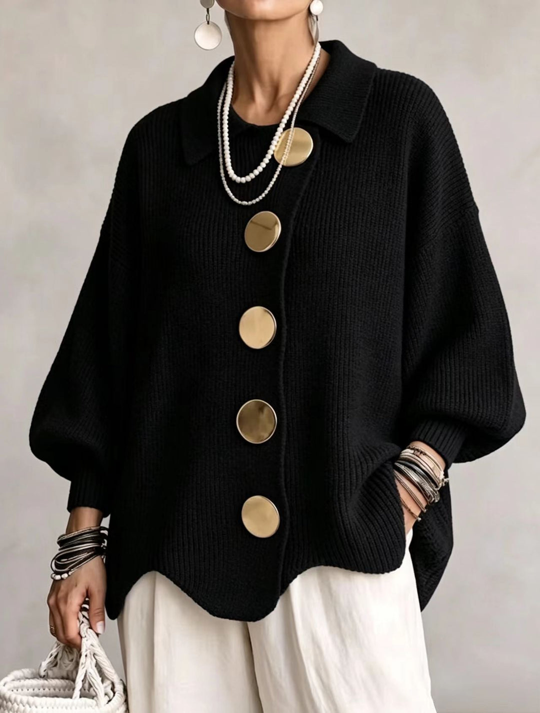 ISADORA | OVERSIZED COLLARED CARDIGAN WITH CHUNKY METAL BUTTONS