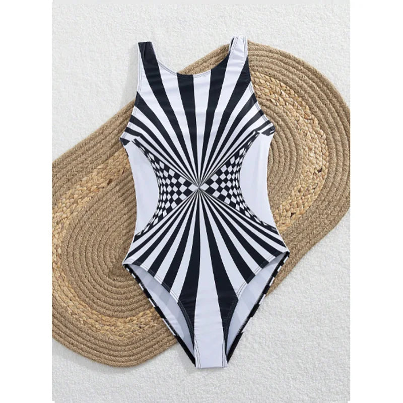 STELLA | STRIPED O-NECK ONE-PIECE SWIMSUIT