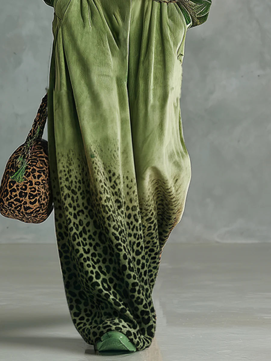 HOLLY | RETRO GREEN VELVET TOP AND LEOPARD PRINT WIDE LEG PANTS SET