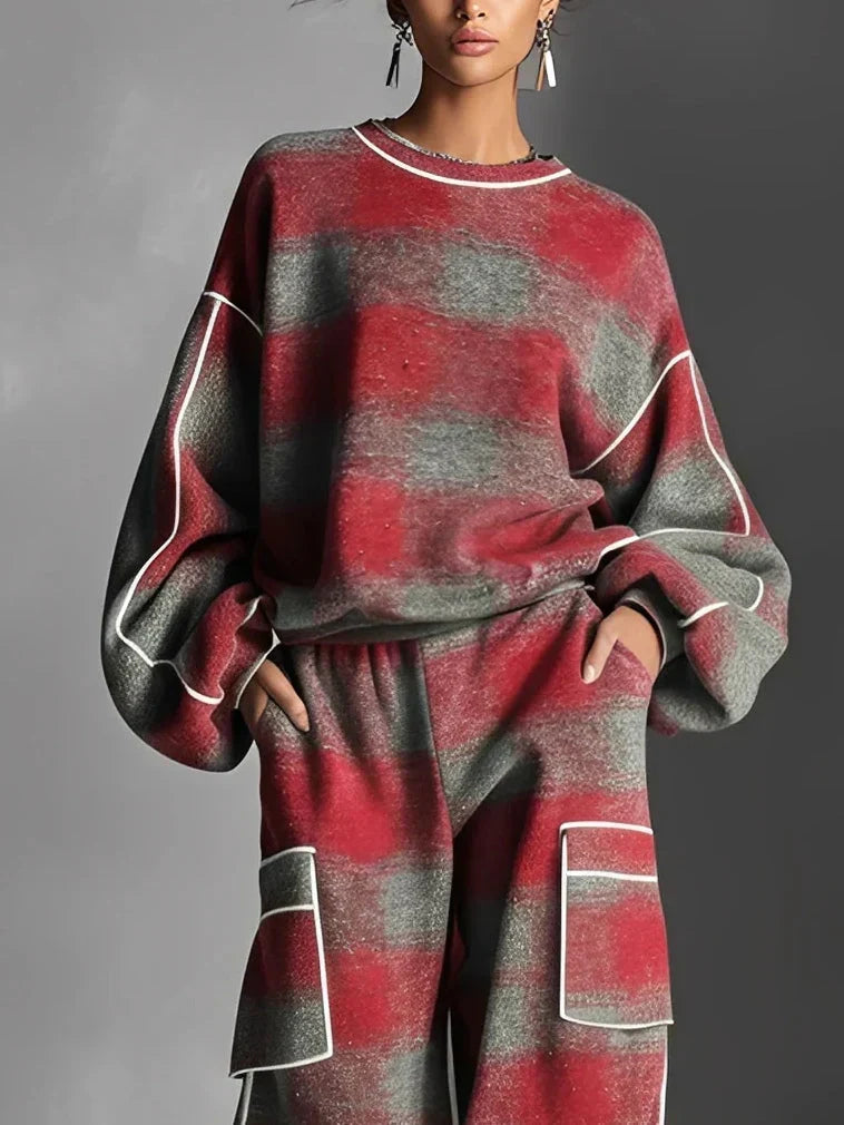 CHARLOTTE | BLACK AND GREY PLAID COLOUR BLOCK SWEATSHIRT AND CASUAL PANTS SET