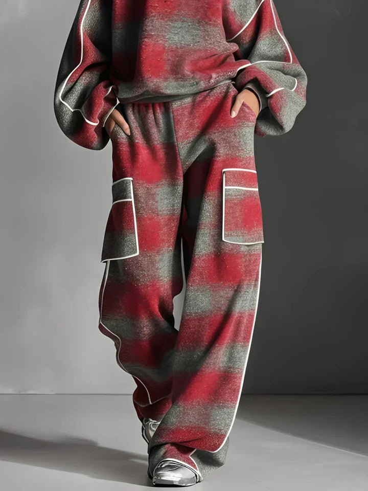 CHARLOTTE | BLACK AND GREY PLAID COLOUR BLOCK SWEATSHIRT AND CASUAL PANTS SET