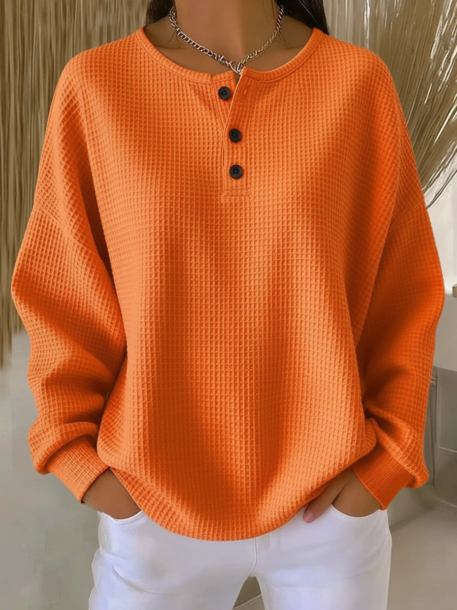 Mirabel — Cosy Waffle Henley Sweatshirt in Orange from Louise Dublin