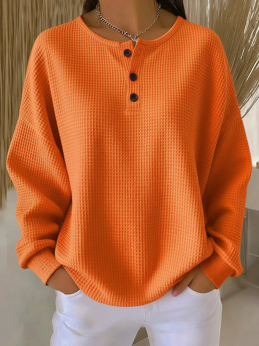 Mirabel — Cosy Waffle Henley Sweatshirt in Orange from Louise Dublin