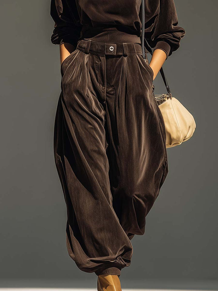FREYA | VINTAGE BROWN VELVET HOODIE AND LOOSE FITTING TROUSERS SET
