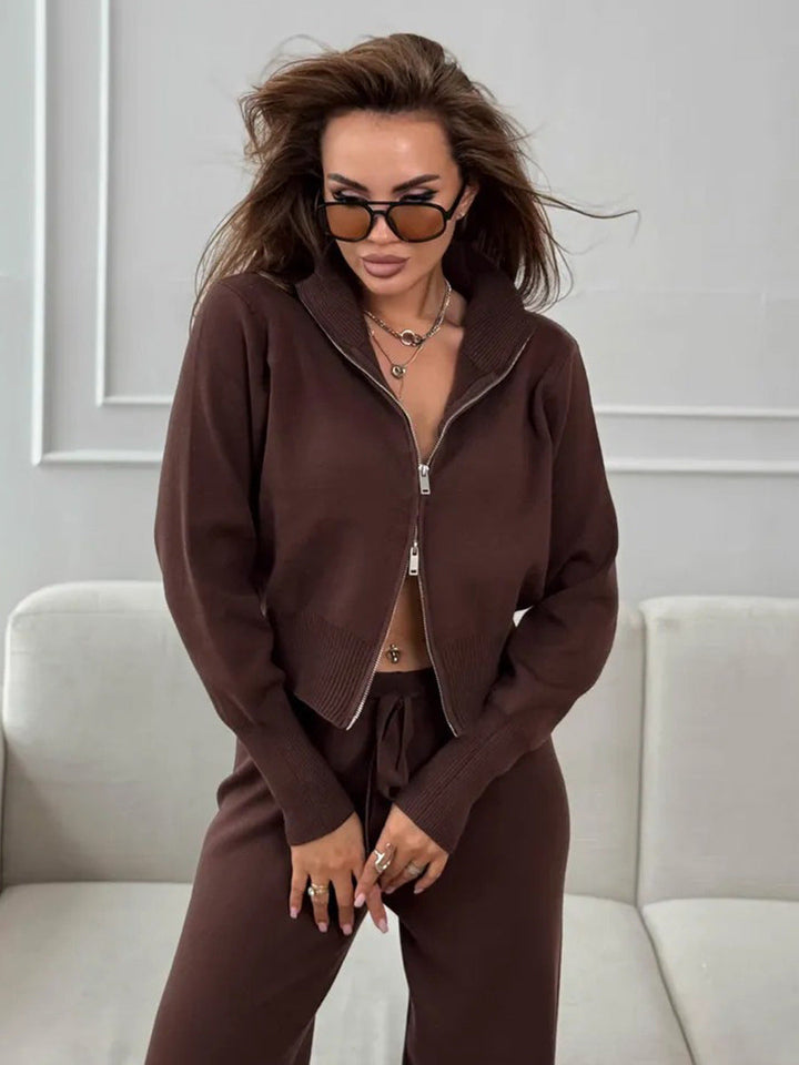 ISLA | KNIT 2 PIECE SET – DRAWSTRING WIDE LEG PANTS WITH ZIP JACKET TOP
