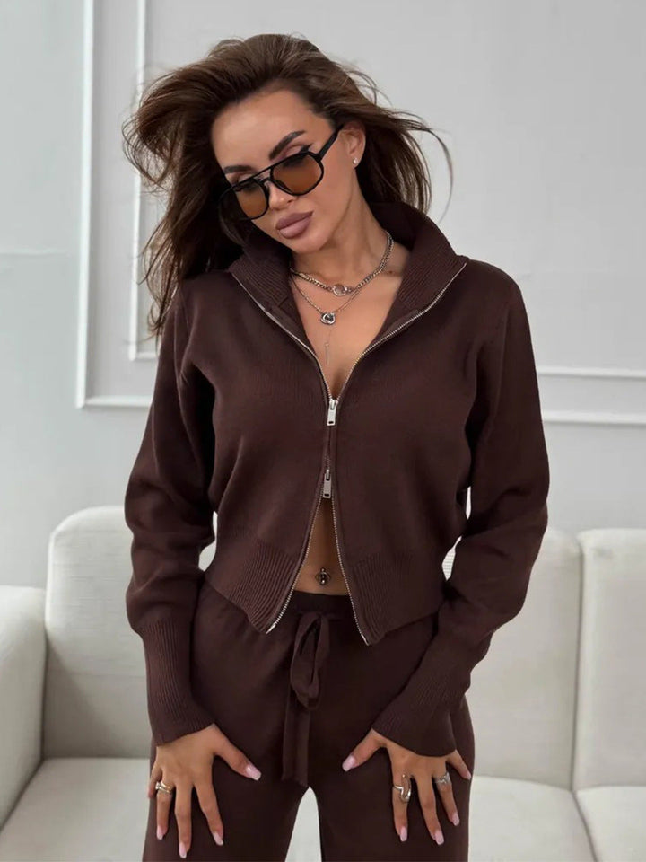 ISLA | KNIT 2 PIECE SET – DRAWSTRING WIDE LEG PANTS WITH ZIP JACKET TOP