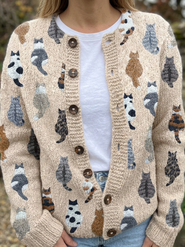 Charlotte — Cosy Cat Print Cardigan in Beige Cardigan from Louise Dublin