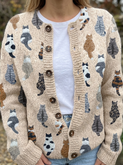 Charlotte — Cosy Cat Print Cardigan in Beige Cardigan from Louise Dublin