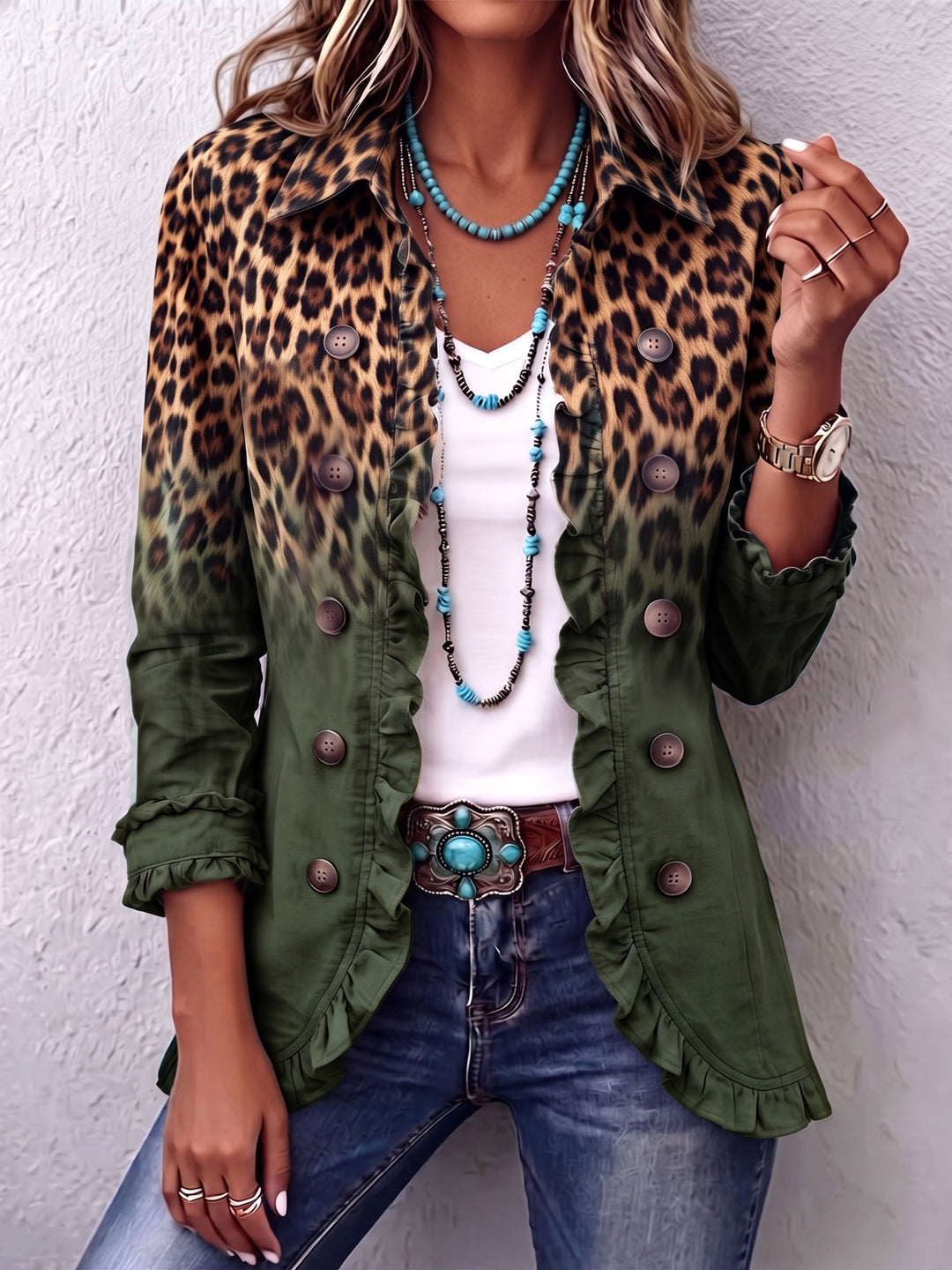 ELSPETH | LEOPARD OMBRE RUFFLE BLAZER JACKET