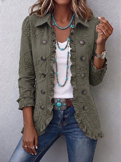 Kamberly — Floral Embroidered Ruffle Jacket in Retro Green from Louise Dublin