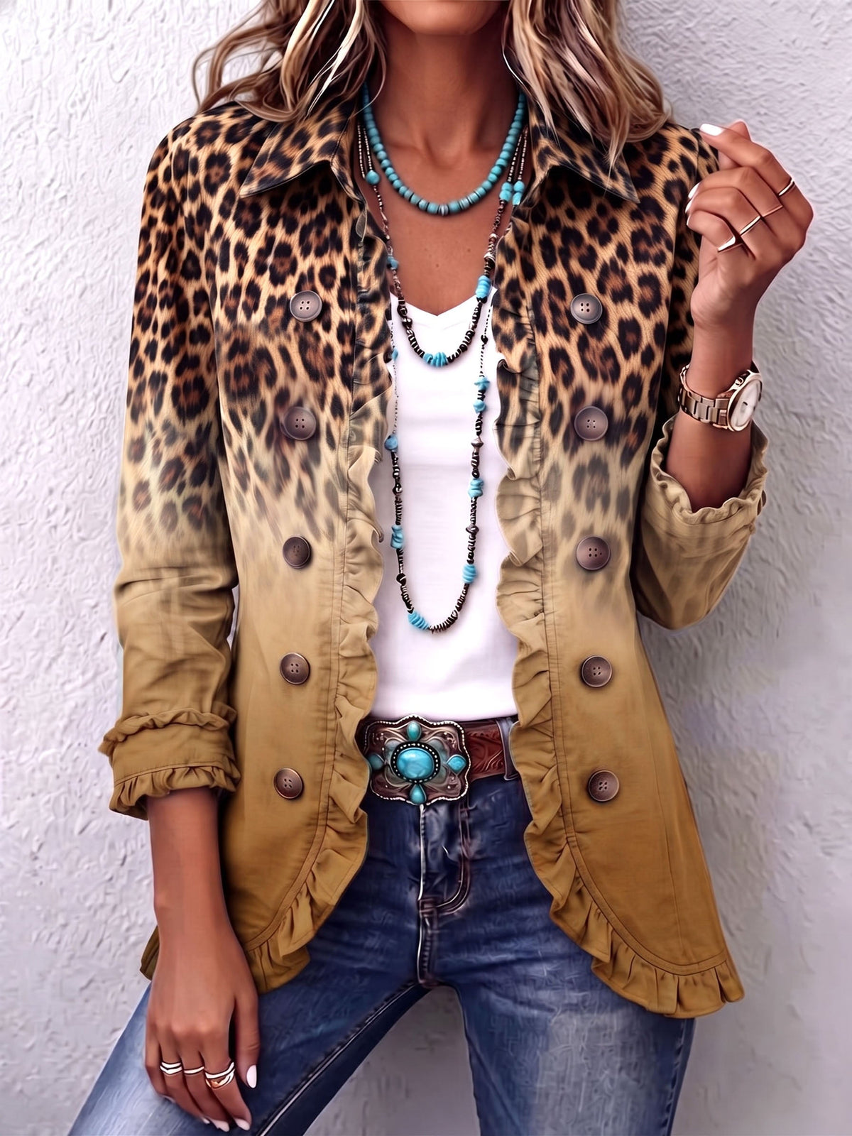 Elspeth — Leopard Ombre Ruffle Jacket in Turquoise from Louise Dublin