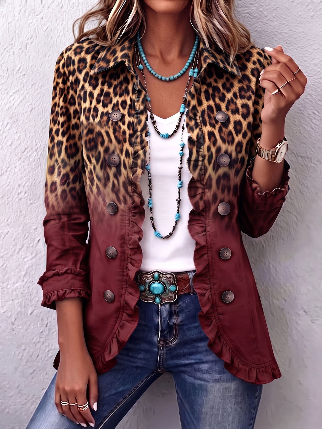 ELSPETH | LEOPARD OMBRE RUFFLE BLAZER JACKET
