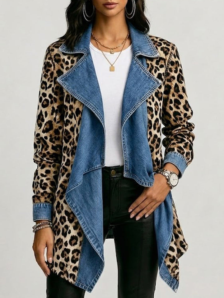 SHERILYN | LEOPARD PRINT & WASHED DENIM PANELED MID-LENGTH JACKET