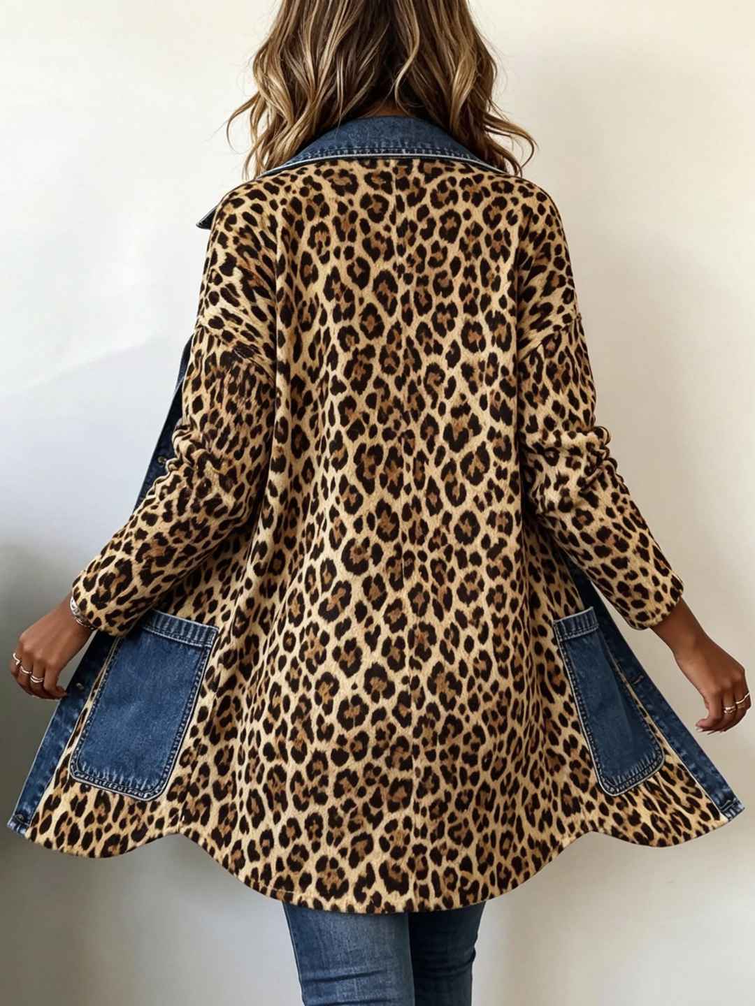 FABLENNE | LEOPARD PRINT DENIM PANEL CONTRAST LONGLINE JACKET