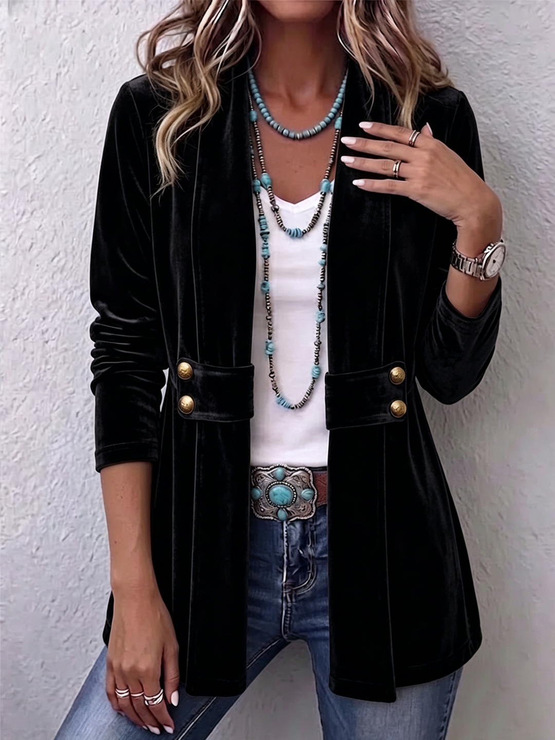 HOLLIWELL | VINTAGE LAPEL BUTTON-ACCENT LONG SLEEVE OPEN FRONT JACKET