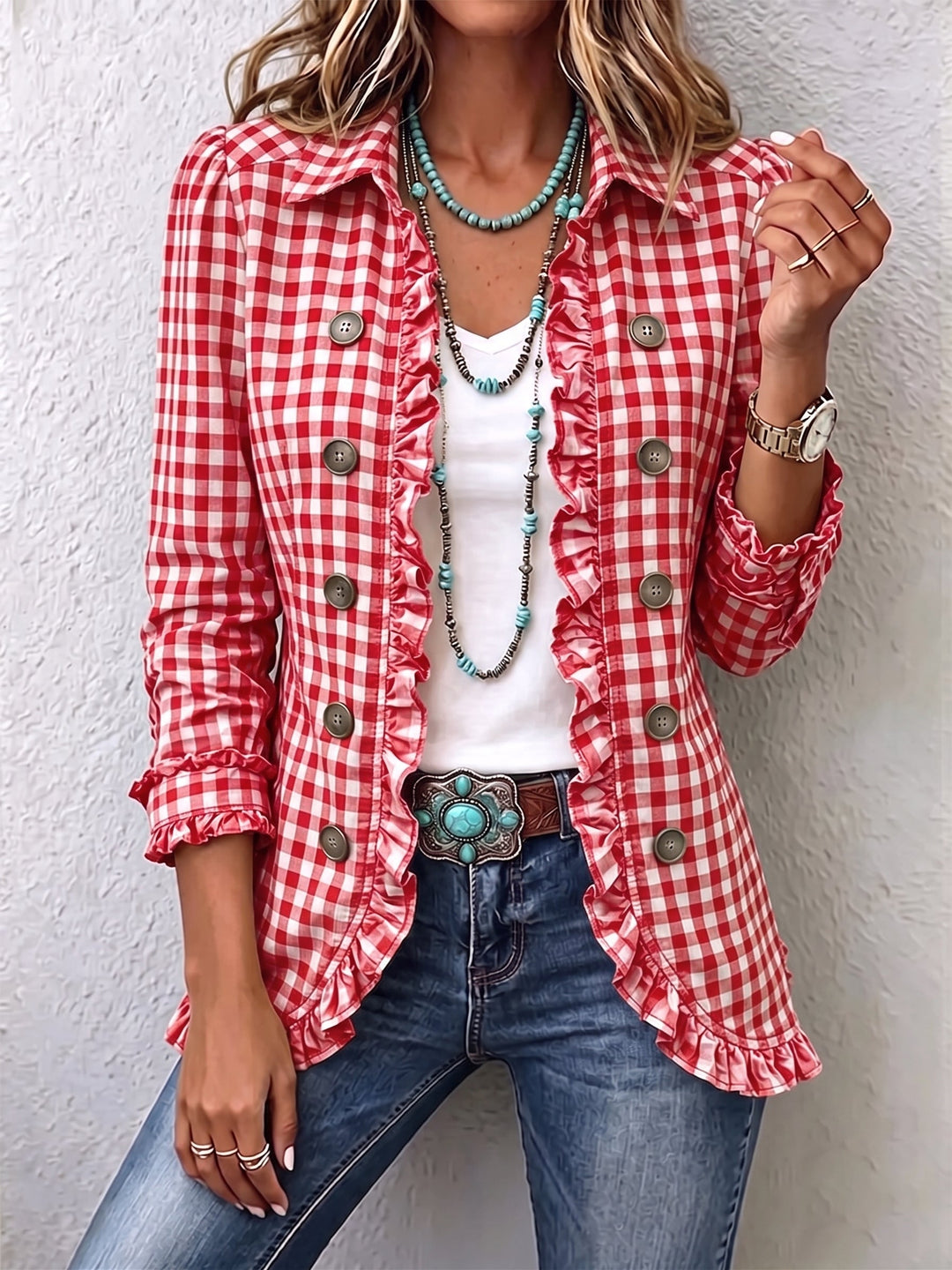 CHARLENE | GINGHAM RUFFLED BUTTON-DOWN JACKET