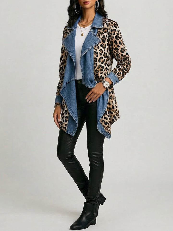 SHERILYN | LEOPARD PRINT & WASHED DENIM PANELED MID-LENGTH JACKET