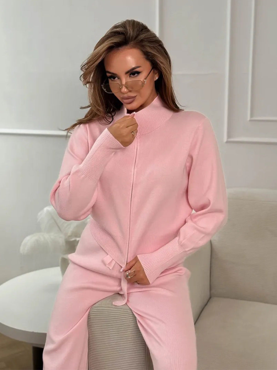 ISLA | KNIT 2 PIECE SET – DRAWSTRING WIDE LEG PANTS WITH ZIP JACKET TOP